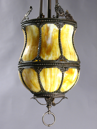 Unusual Belle Epoch Large Leaded Glass Gas Lantern